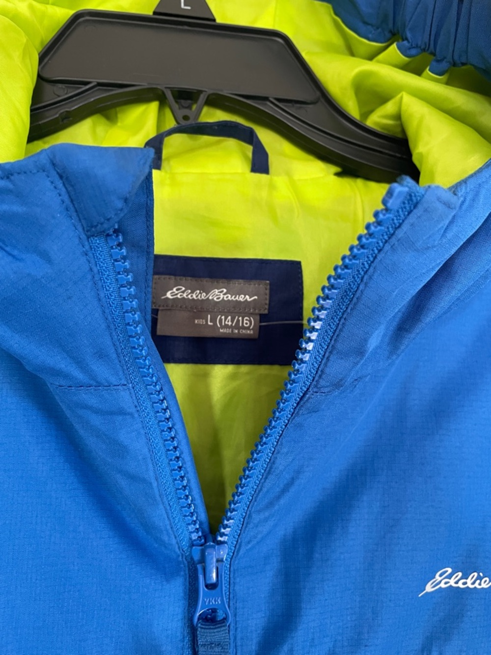 Eddie Bauer Blue Navy Colorblock Hooded Windbreaker Lime Lining Boys L 14/16 - Picture 6 of 10